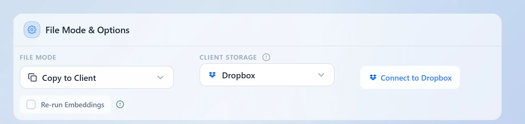Copy to Client — Dropbox selector