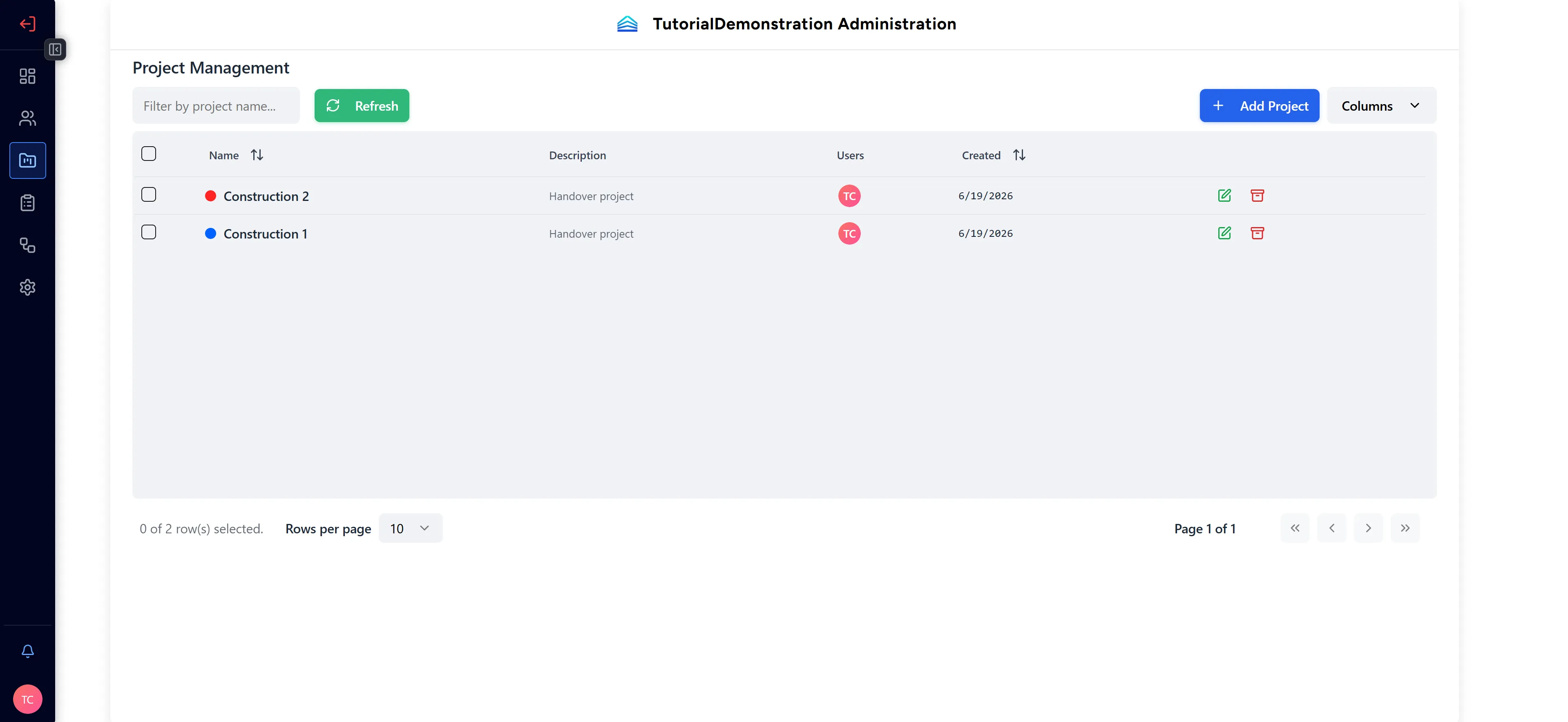 Projects Table Interface